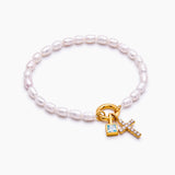 Pearl Birthstone Cross Charm Bracelet